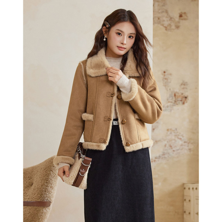 【小个子】冬季法式气质感厚实保暖磨砂皮外套